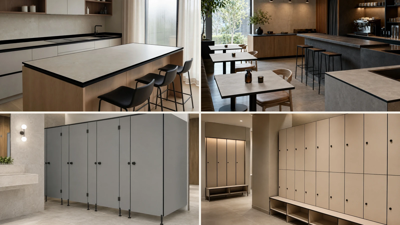 Изделия из HPL Compact: кухонная столешница, поверхности для HoReCa, сантехнические перегородки и шкафы для раздевалок